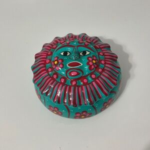 Talavera Mexican Turquoise Pottery Hand Painted Sun Face Folk Art Trinket Dish